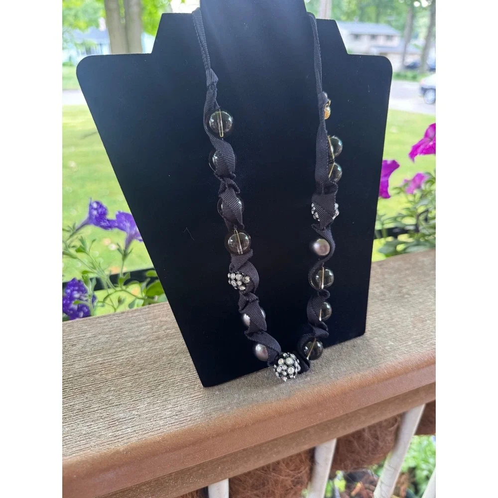 J. Crew Beaded Ribbon Tie Necklace Rhinestone Pearl Statement Jewelry